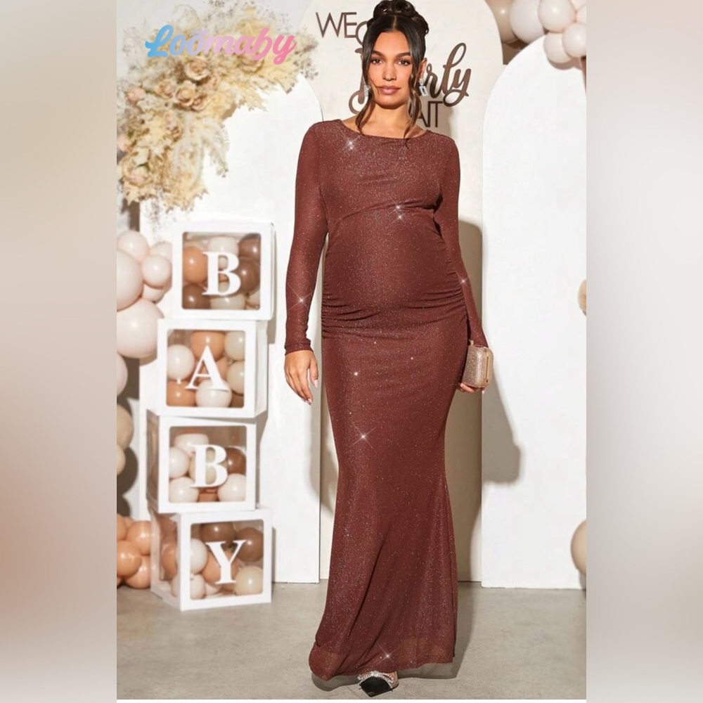 Maternity Shimmering Brown Backless Dress - Picture 2 of 6